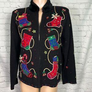 Vintage Embroidered Beaded Ugly Christmas Sweater Stocking themed Cardigan Large